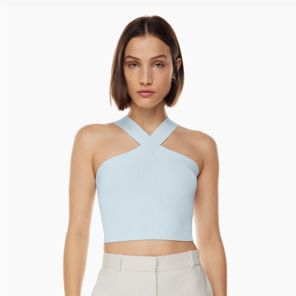 Babaton sculpt knit cross cross cropped tank, XXS, Iceberg Blue